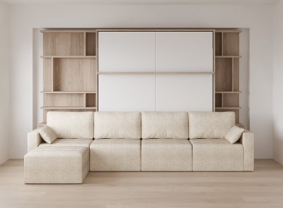 Royal King Murphy Bed with Sectional Sofa and Bookcases
